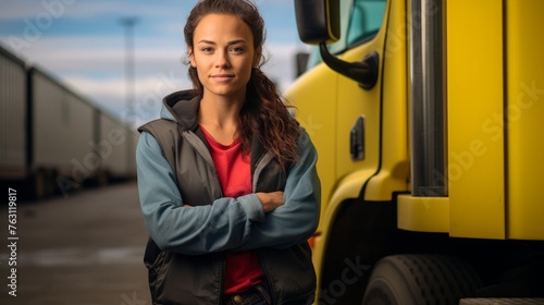 Proud female trucker vibrant trailer background