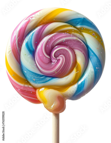Colorful swirled lollipop on a white stick, cut out - stock png.