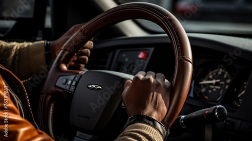 Truck driver's hands on leather-chrome steering wheel © javier