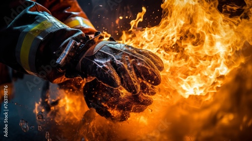 Gloved hands on firehose forceful water jet fiery scene photo