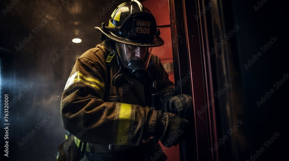 Firefighter with axe ready to breach door smoke-filled room Firefighter with axe ready to breach door smoke-filled room