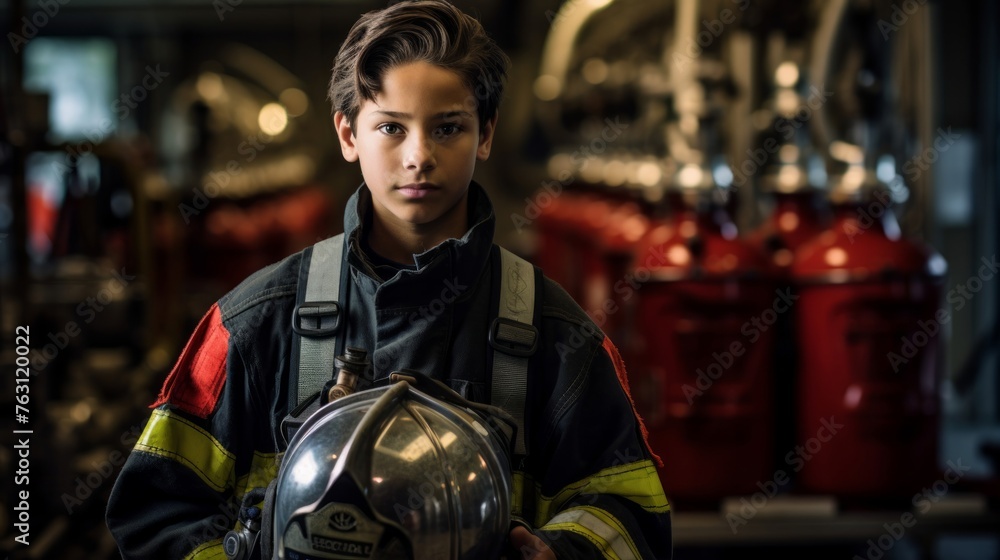 Trainee firefighter ready confidence by red firetruck