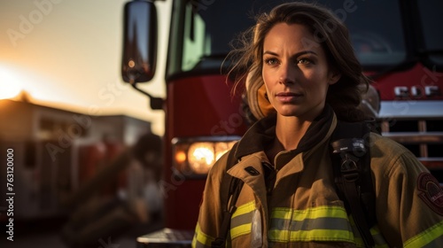 Female firefighter's strength against urban sunset backdrop