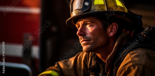 Moment of respite firefighter and firetruck relief after fire