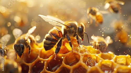 A bee on a honeycomb surrounded by other bees. Ai generative © Abu
