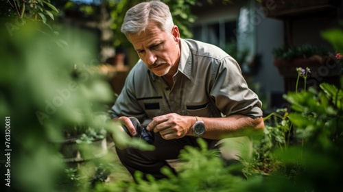 Technician inspects backyard for pests magnifying glass in hand