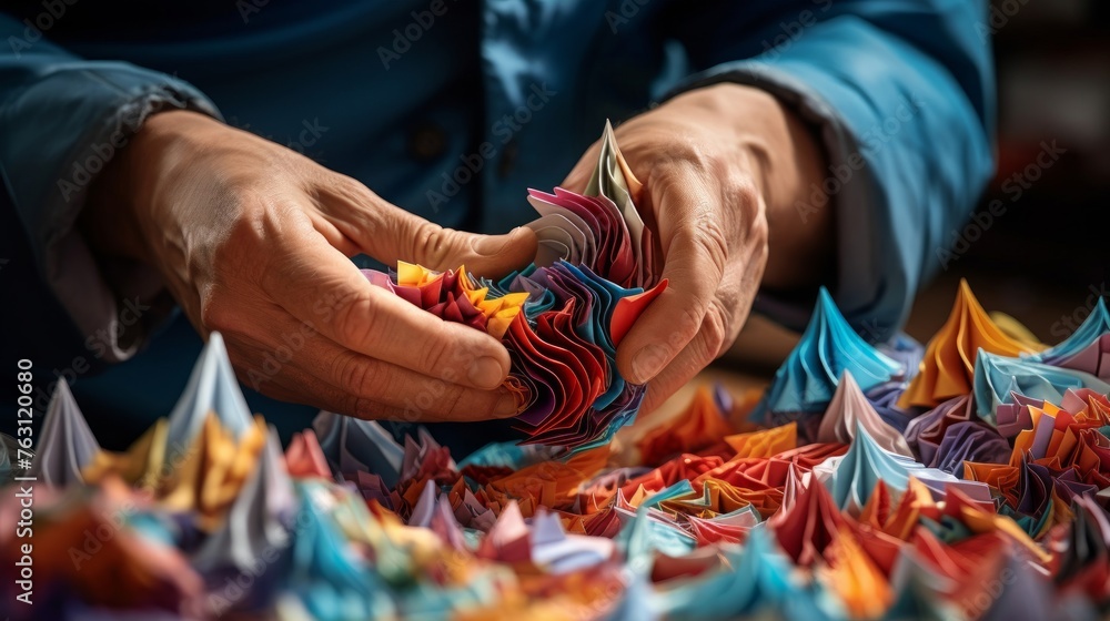 Origami artist at work folding detailed paper creations Origami artist at work folding detailed paper creations