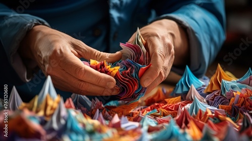 Origami artist at work folding detailed paper creations photo