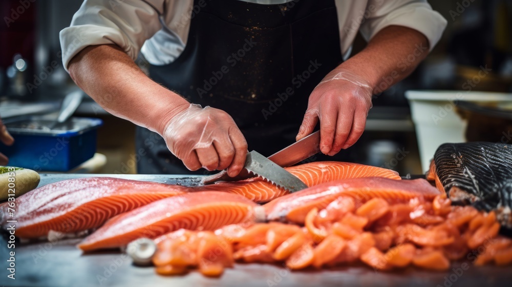 Fishmonger fillets salmon showcase of seafood skill