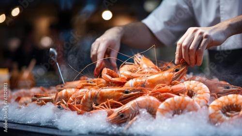 Expertly preparing shrimp close-up seafood craft display