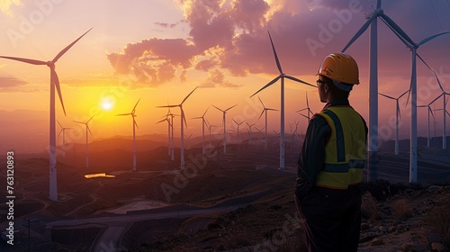 Engineer overlooking a wind farm at sunset photo