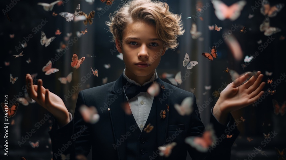 Butterfly cloud around young magician symbolizing change Butterfly cloud around young magician symbolizing change
