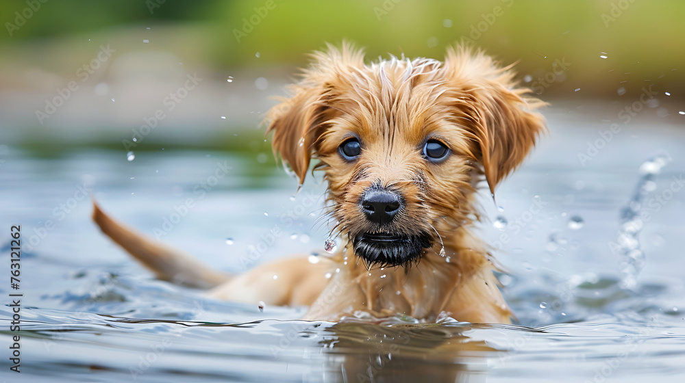 A cute wet puppy playing in the water having fun