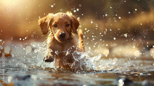 A cute puppy playing in the water splashing joyfully