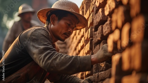 Expert mason at work applying mortar to brick wall