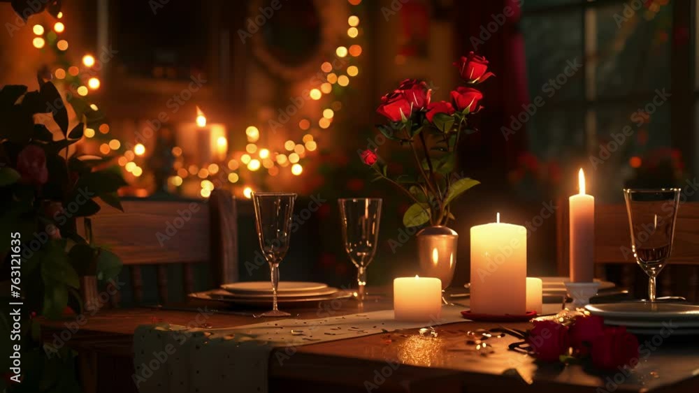 A candlelit dinner for two with a beautifully set table and flickering candles creating a cozy and romantic ambiance for a Valentines Day celebration. A candlelit dinner for two with a beautifully set table and flickering candles creating a cozy and romantic ambiance for a Valentines Day celebration.