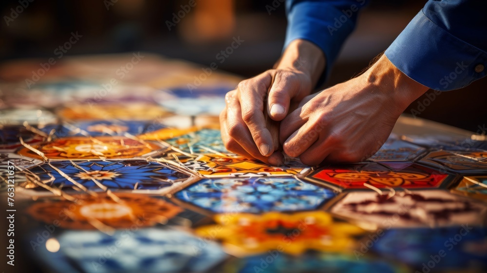 Naklejka premium Tile installer aligns colorful mosaic vibrant pattern array