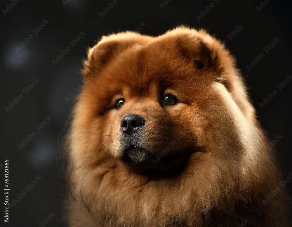 Hund, Chow Chow, Porträt, nur Kopf, Welpen, dunkler Hintergrund, KI generiert