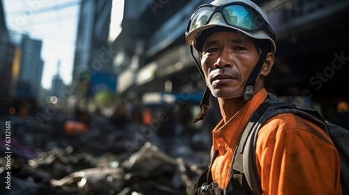 Sanitation worker close-up city cleanliness uniformed photo