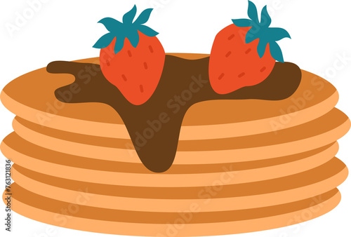 cute hand drawn cartoon pancakes with strawberry fruits and chocolate png food illustration isolated on transparent background