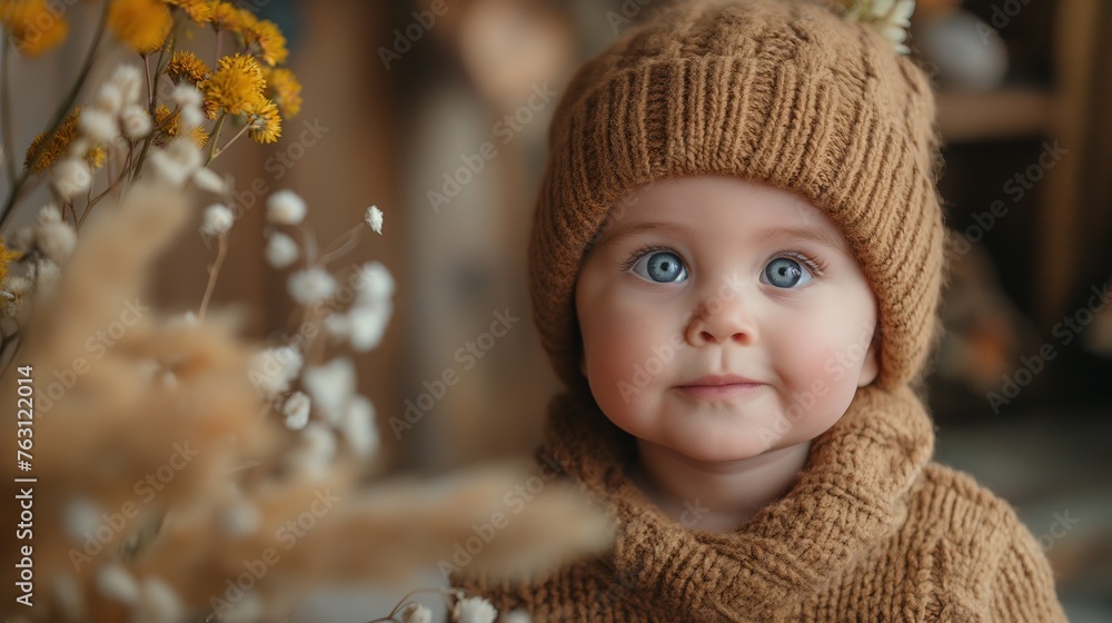 cute baby wearing soft knitted wool cap and sweater, Generative Ai cute baby wearing soft knitted wool cap and sweater, Generative Ai