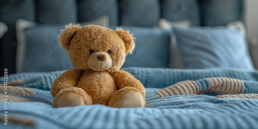 cute stuffed animal toy teddy bear sitting on cozy bed, Generative Ai	
