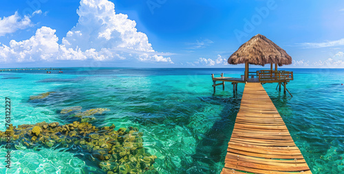 Beautiful view of the turquoise water and pier at VitaDelight, embellished in the style of crystal clear Caribbean Sea