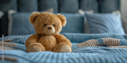 cute stuffed animal toy teddy bear sitting on cozy bed, Generative Ai 
