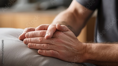 Massage therapist's hands on tense muscles neutral tones