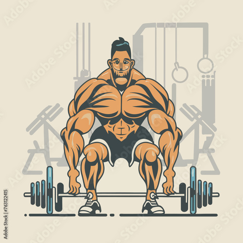 red white black modern style minimalist lines of a strong muscle pose strong body builder anatomy man at gym with bundle Doing exercises in all body positions using different gym equipment