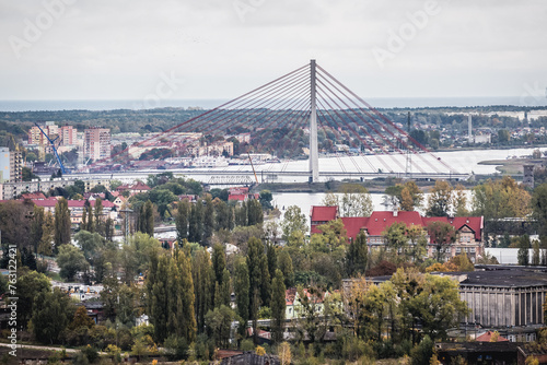 Third Millennium John Paul II Bridge over Dead Vistula, view from Saint Mary Church, Gdanskk, Poland