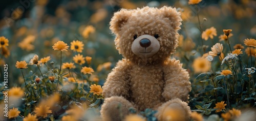 teddy bear background, stuffed toy bear in flower blossom garden cute and cheerful atmosphere, Generative Ai © QuietWord