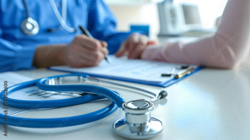 A stethoscope lays on a desk with a doctor consulting a patient in the background. A stethoscope lays on a desk with a doctor consulting a patient in the background.