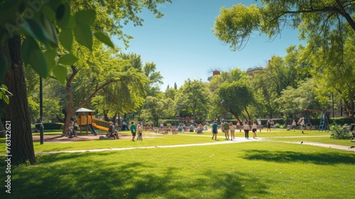 Fototapeta Naklejka Na Ścianę i Meble -  A group of people enjoying leisure activities in a park with a playground, surrounded by natural landscapes, trees, grass, and plants. AIG41
