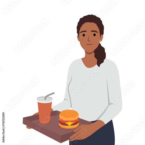 Young standing holding tray with burger and lemonade drink unhealthy eating. Flat vector illustration isolated on white background
