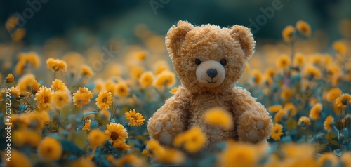 teddy bear background, stuffed toy bear in flower blossom garden cute and cheerful atmosphere, Generative Ai © QuietWord