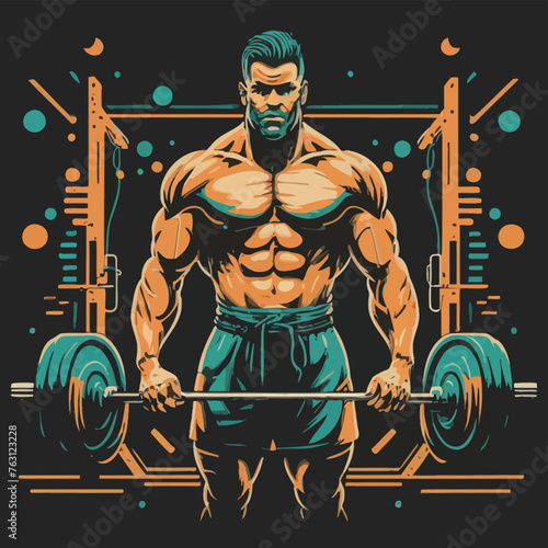 red white black modern style minimalist lines of a strong muscle pose strong body builder anatomy man at gym with bundle Doing exercises in all body positions using different gym equipment