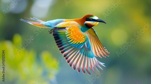 Multi colored bird with vibrant feathers flying in nature
