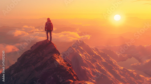 One person hiking enjoying the sunset on a mountain peak © DESIRED_PIC