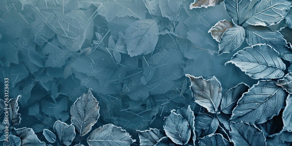 Frost leaf background, frosty leaves backdrop illustration icy Winter scene empty space, frozen plants, generated ai 