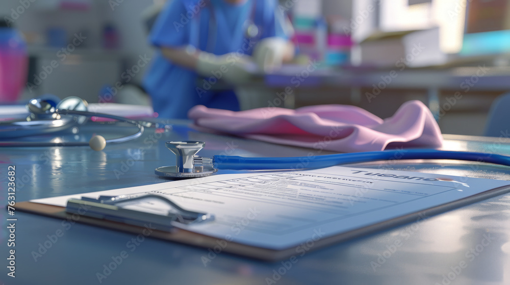 A stethoscope lays on a desk with a doctor consulting a patient in the background. A stethoscope lays on a desk with a doctor consulting a patient in the background.