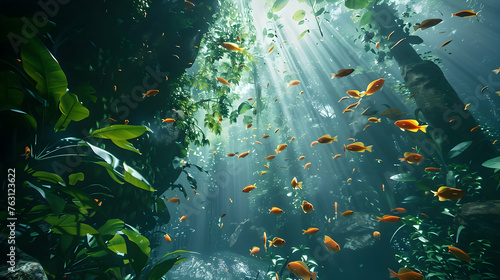 Underwater mystery fish swim in dark tropical rainforest ravine