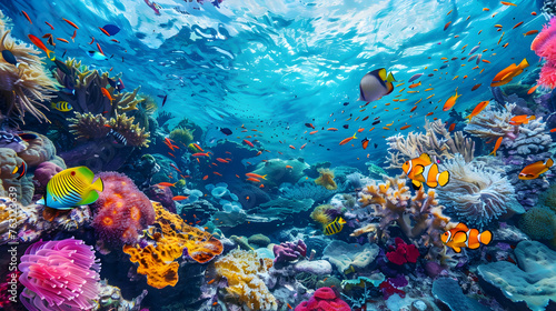 Vibrant underwater reef showcases multi colored fish in tropical paradise