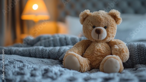 cute stuffed animal toy teddy bear sitting on cozy bed, Generative Ai 