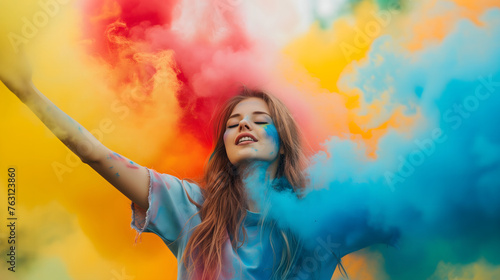Joyful Woman with Colorful Holi Powder Explosion Background