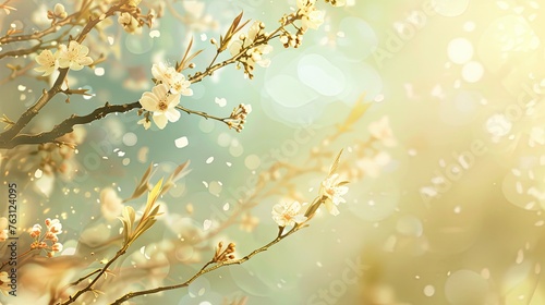 Branch with blooming spring flowers on sunny background, place for text, postcard, cover.