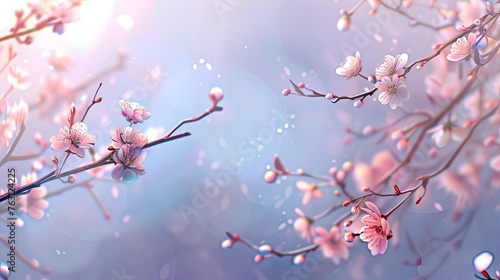 Branch with blooming spring flowers on sunny background, place for text, postcard,