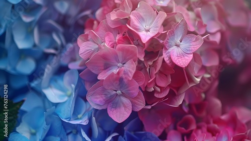 Vivid Pink and Blue Hydrangea Flowers in Full Bloom for Botanical Backgrounds