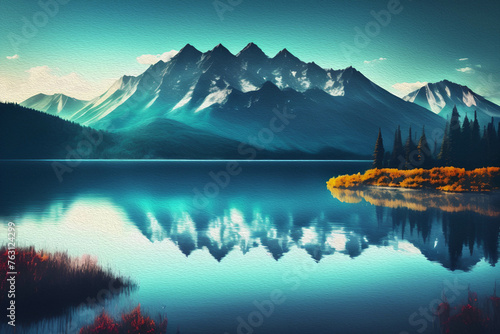 Mountain Landscape with Lake, Oil Painting