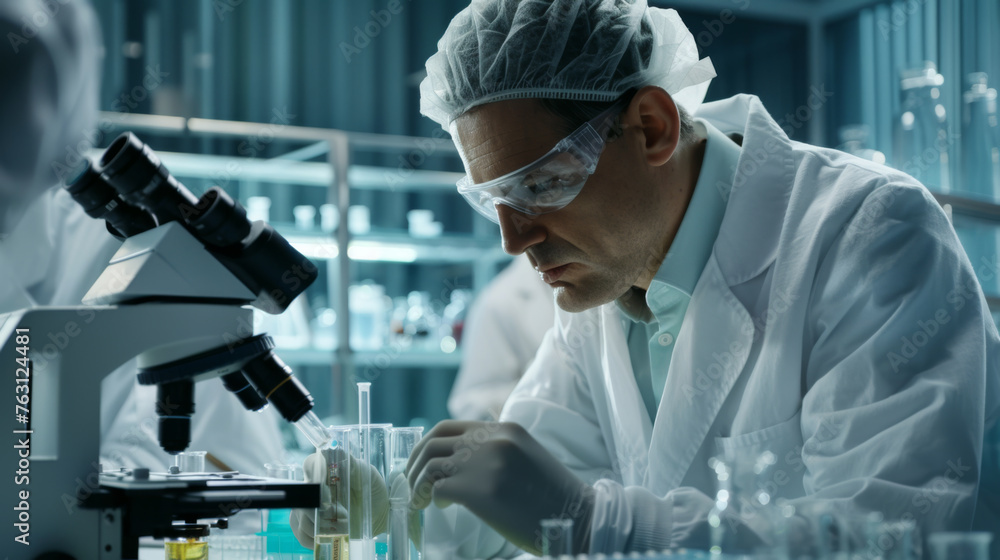 A scientist examines a sample through a microscope in a laboratory setting. A scientist examines a sample through a microscope in a laboratory setting.